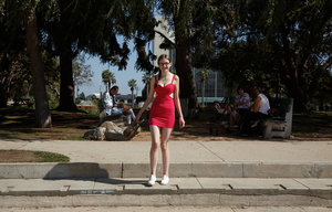 18 year old girl Barbie Bree strips to pink leg warmers in her bedroom